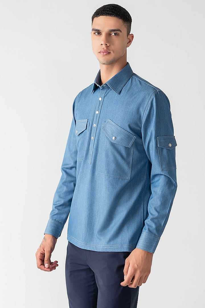 Light Blue Rayon Denim Party Wear Shirt by AMIT ARORA at Pernia's Pop Up Shop