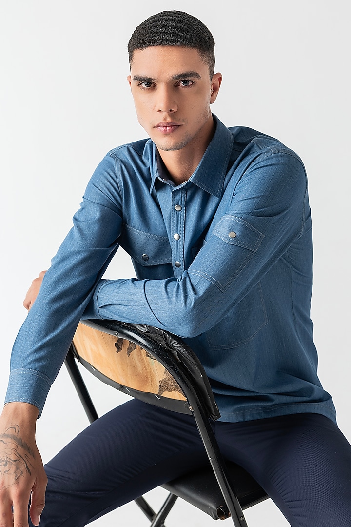 Light Blue Rayon Denim Party Wear Shirt by AMIT ARORA at Pernia's Pop Up Shop