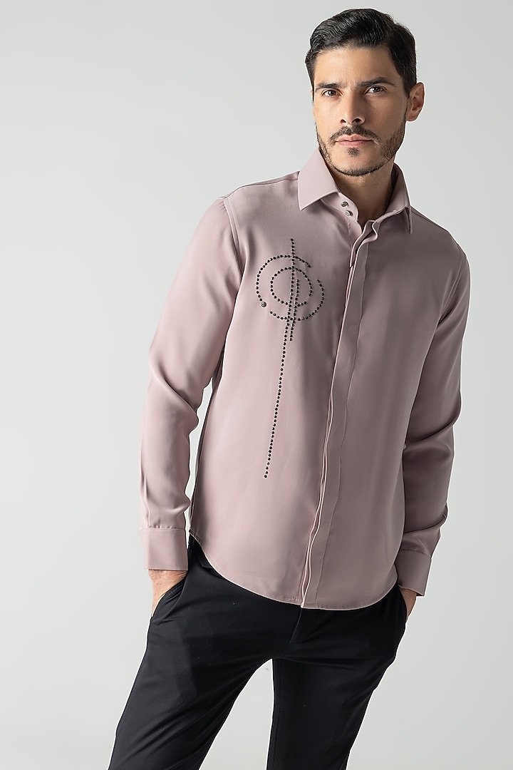 Dusty Pink Polynosic Hand Embroidered Party Wear Shirt by AMIT ARORA at Pernia's Pop Up Shop