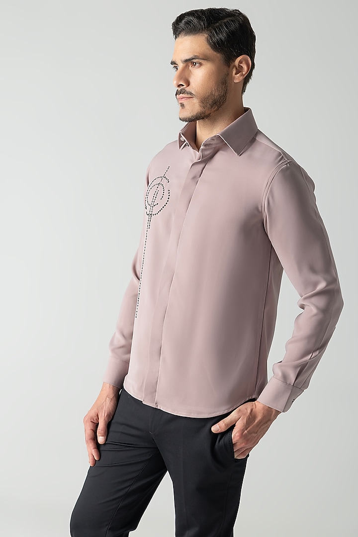 Dusty Pink Polynosic Hand Embroidered Party Wear Shirt by AMIT ARORA at Pernia's Pop Up Shop