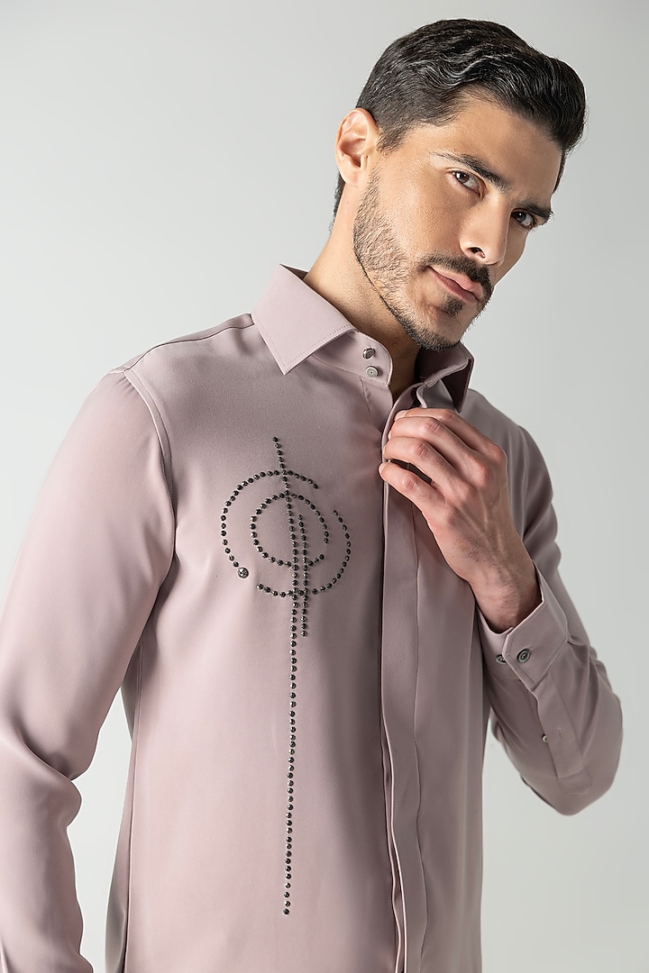 Dusty Pink Polynosic Hand Embroidered Party Wear Shirt by AMIT ARORA at Pernia's Pop Up Shop