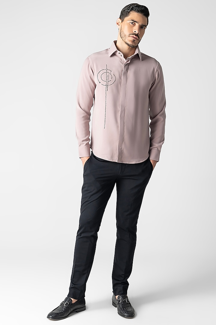 Dusty Pink Polynosic Hand Embroidered Party Wear Shirt by AMIT ARORA at Pernia's Pop Up Shop