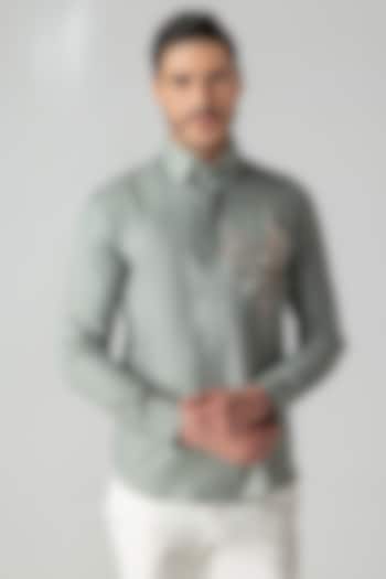 Sage Green Linen Motif Hand Embroidered Party Wear Shirt by AMIT ARORA at Pernia's Pop Up Shop