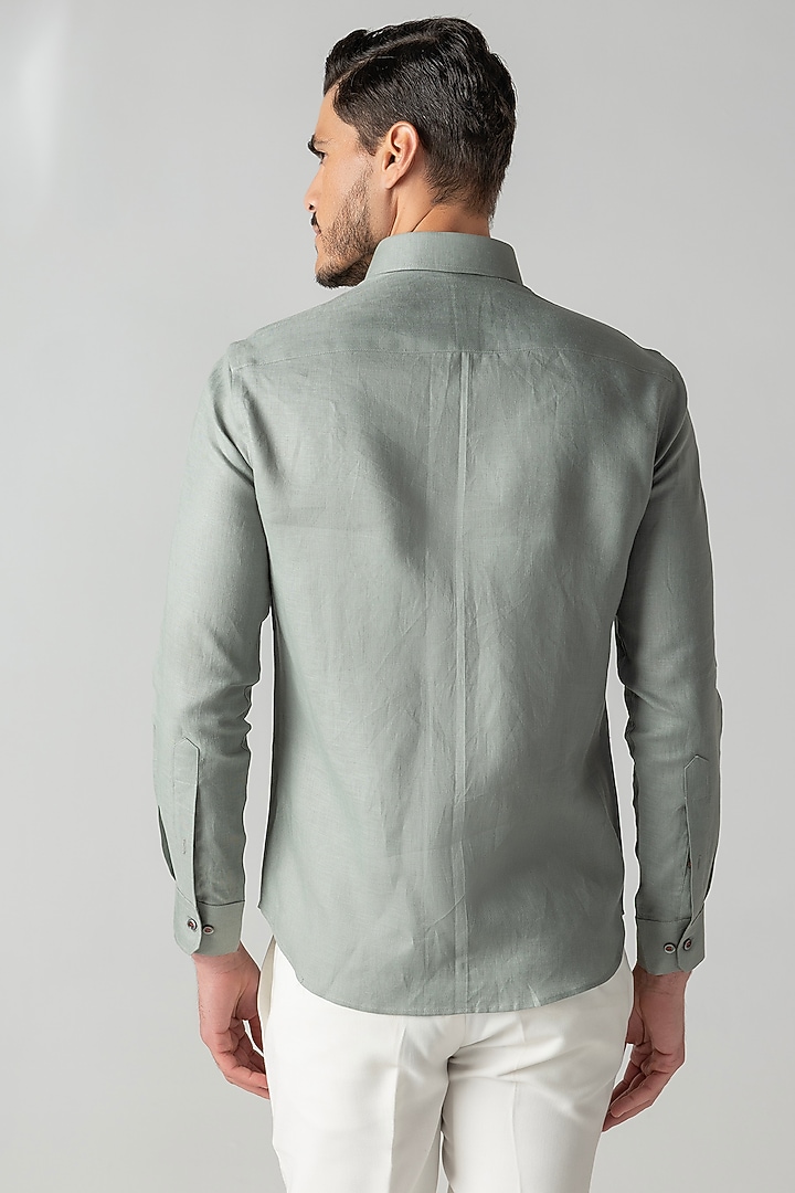 Sage Green Linen Motif Hand Embroidered Party Wear Shirt by AMIT ARORA at Pernia's Pop Up Shop