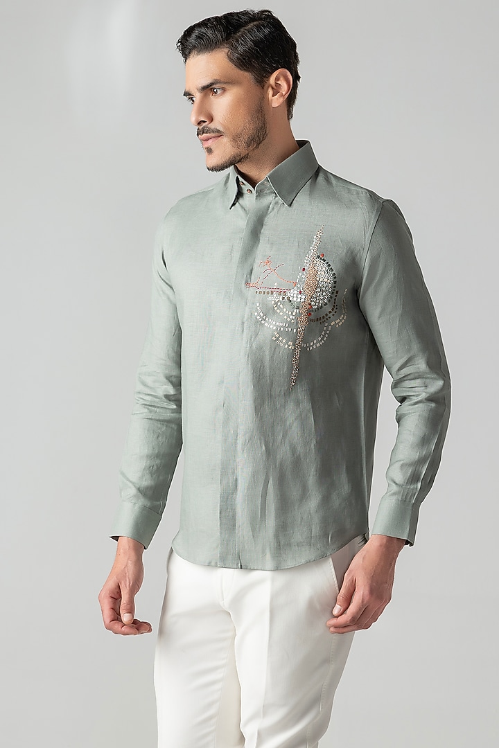 Sage Green Linen Motif Hand Embroidered Party Wear Shirt by AMIT ARORA at Pernia's Pop Up Shop