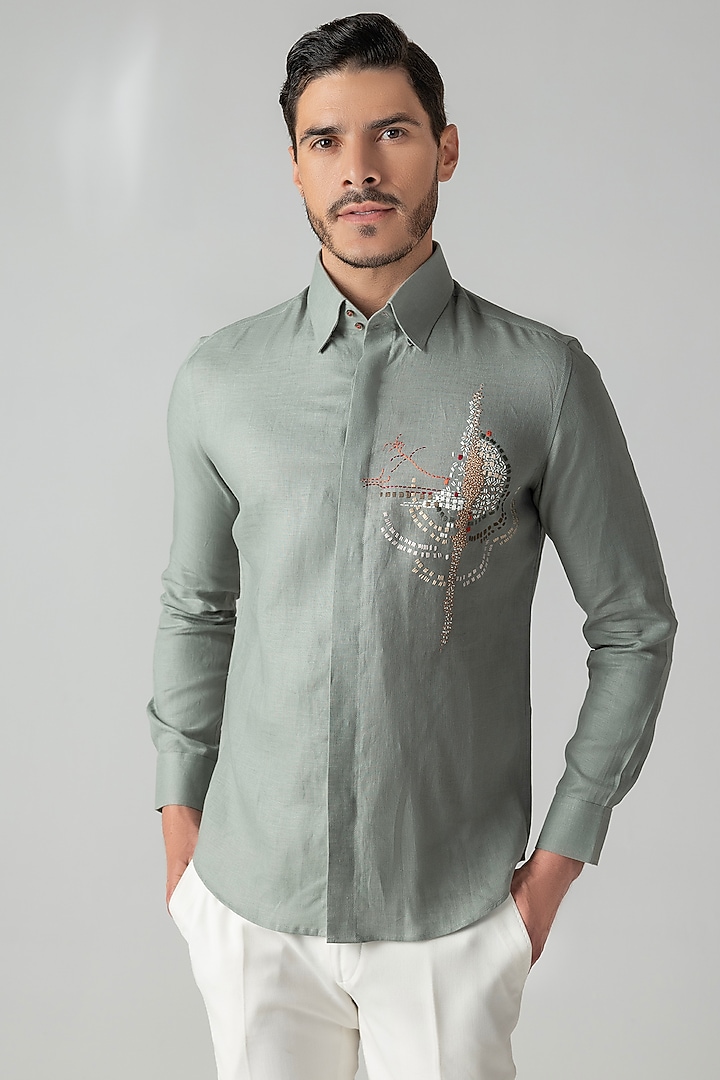 Sage Green Linen Motif Hand Embroidered Party Wear Shirt by AMIT ARORA at Pernia's Pop Up Shop