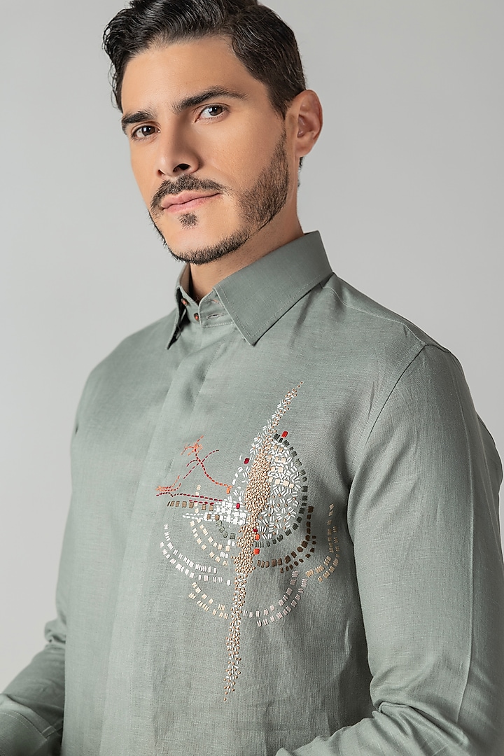 Sage Green Linen Motif Hand Embroidered Party Wear Shirt by AMIT ARORA at Pernia's Pop Up Shop