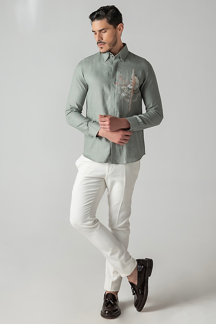 Sage Green Linen Motif Hand Embroidered Party Wear Shirt by AMIT ARORA at Pernia's Pop Up Shop