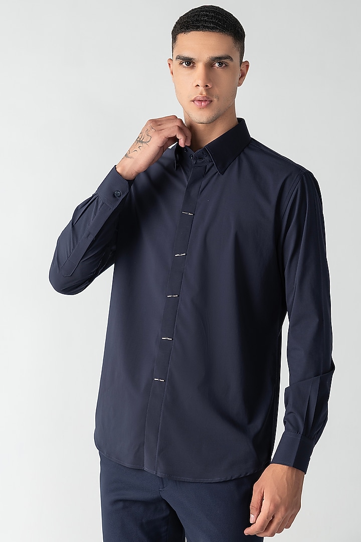 Navy Blue Cotton Party Wear Shirt by AMIT ARORA at Pernia's Pop Up Shop