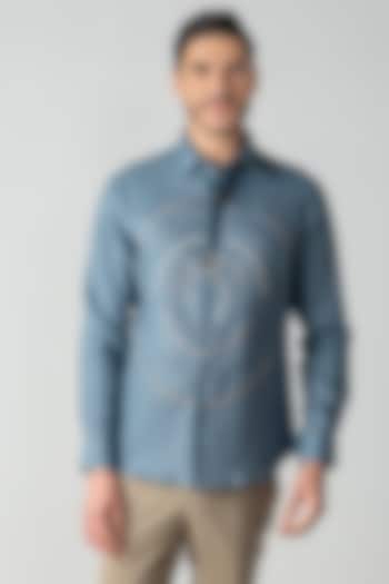 Blue Linen Embroidered Party Wear Shirt by AMIT ARORA at Pernia's Pop Up Shop