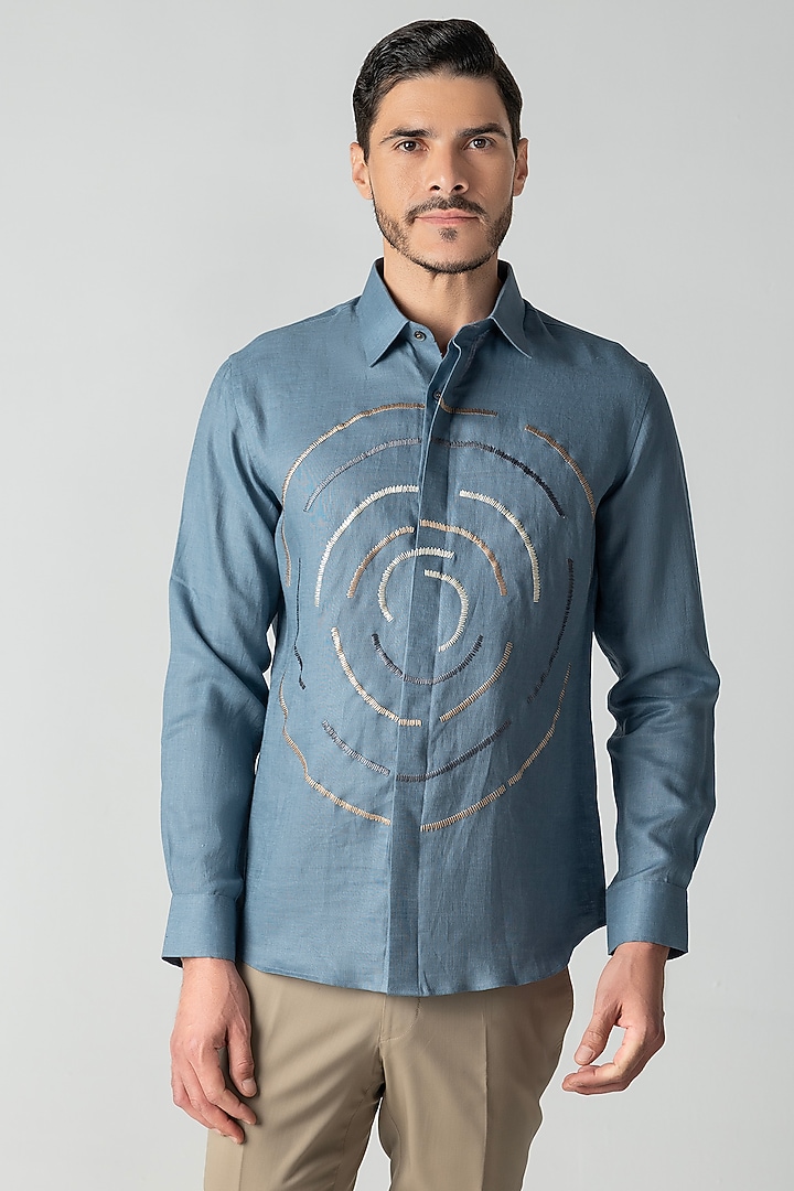 Blue Linen Embroidered Party Wear Shirt by AMIT ARORA at Pernia's Pop Up Shop