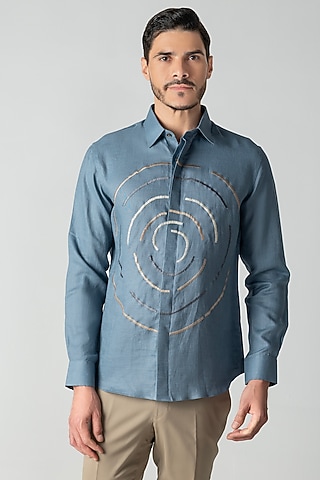 Blue Linen Embroidered Shirt by AMIT ARORA