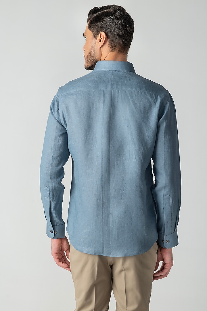 Blue Linen Embroidered Party Wear Shirt by AMIT ARORA at Pernia's Pop Up Shop