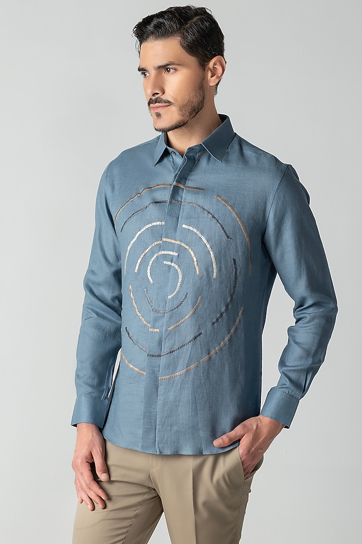 Blue Linen Embroidered Party Wear Shirt by AMIT ARORA at Pernia's Pop Up Shop