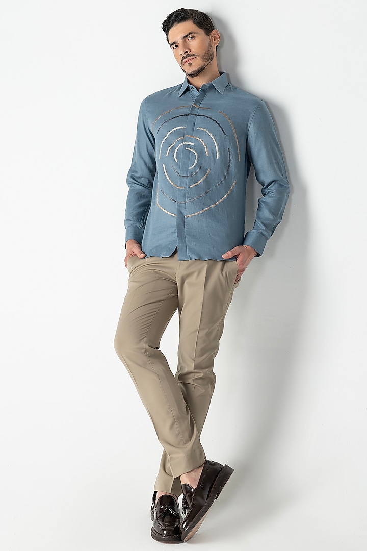 Blue Linen Embroidered Party Wear Shirt by AMIT ARORA at Pernia's Pop Up Shop