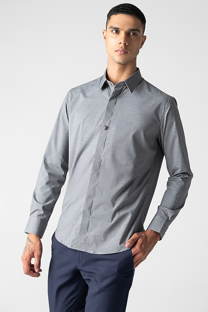 Grey Cotton Party Wear Shirt by AMIT ARORA at Pernia's Pop Up Shop