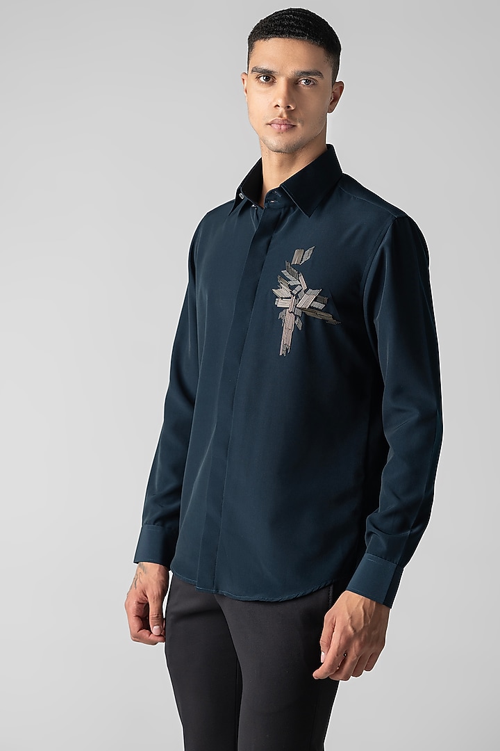 Dark Turquoise Polynosic Motif Hand Embroidered Party Wear Shirt by AMIT ARORA at Pernia's Pop Up Shop
