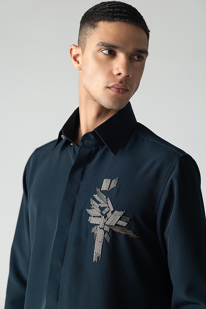 Dark Turquoise Polynosic Motif Hand Embroidered Party Wear Shirt by AMIT ARORA at Pernia's Pop Up Shop