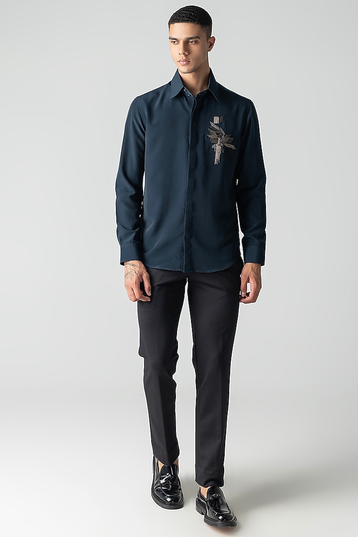 Dark Turquoise Polynosic Motif Hand Embroidered Party Wear Shirt by AMIT ARORA at Pernia's Pop Up Shop