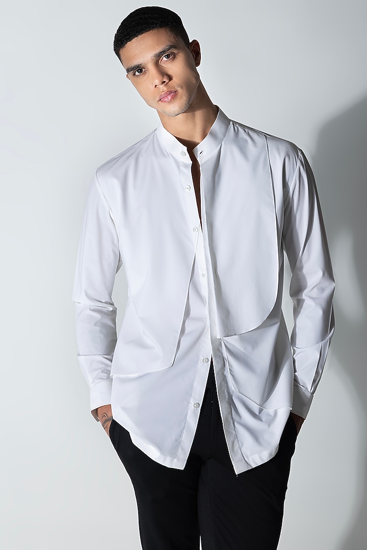White Cotton Asymmetric Draped Party Wear Shirt by AMIT ARORA at Pernia's Pop Up Shop