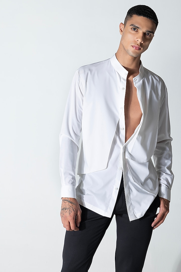 White Cotton Asymmetric Draped Party Wear Shirt by AMIT ARORA at Pernia's Pop Up Shop