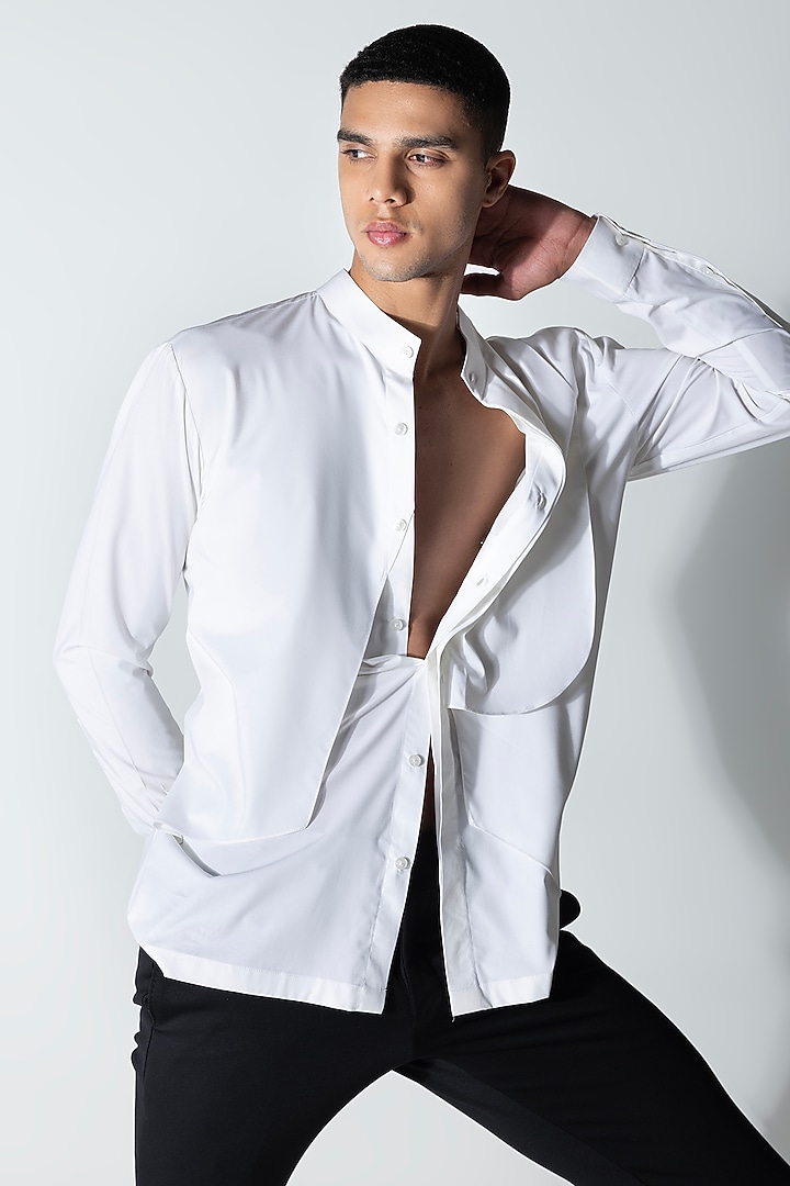 White Cotton Asymmetric Draped Party Wear Shirt by AMIT ARORA at Pernia's Pop Up Shop