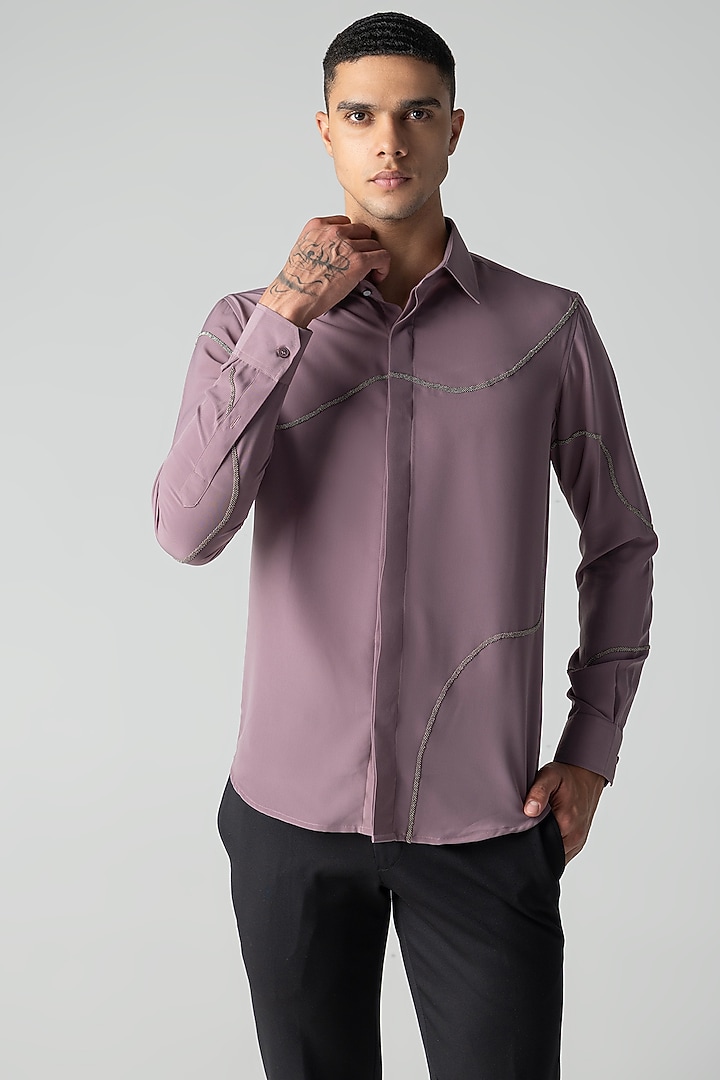 Mauve Polynosic Metallic Hand Embroidered Party Wear Shirt by AMIT ARORA at Pernia's Pop Up Shop