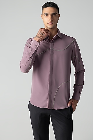 Mauve Polynosic Metallic Hand Embroidered Shirt by AMIT ARORA