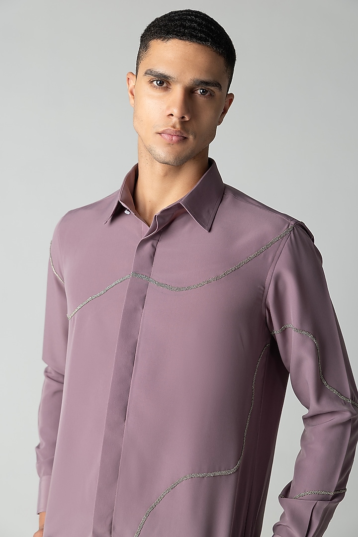 Mauve Polynosic Metallic Hand Embroidered Party Wear Shirt by AMIT ARORA at Pernia's Pop Up Shop
