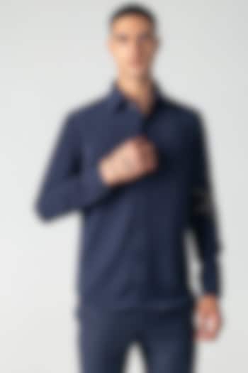 Navy Blue Polynosic Motif Hand Embroidered Party Wear Shirt by AMIT ARORA at Pernia's Pop Up Shop