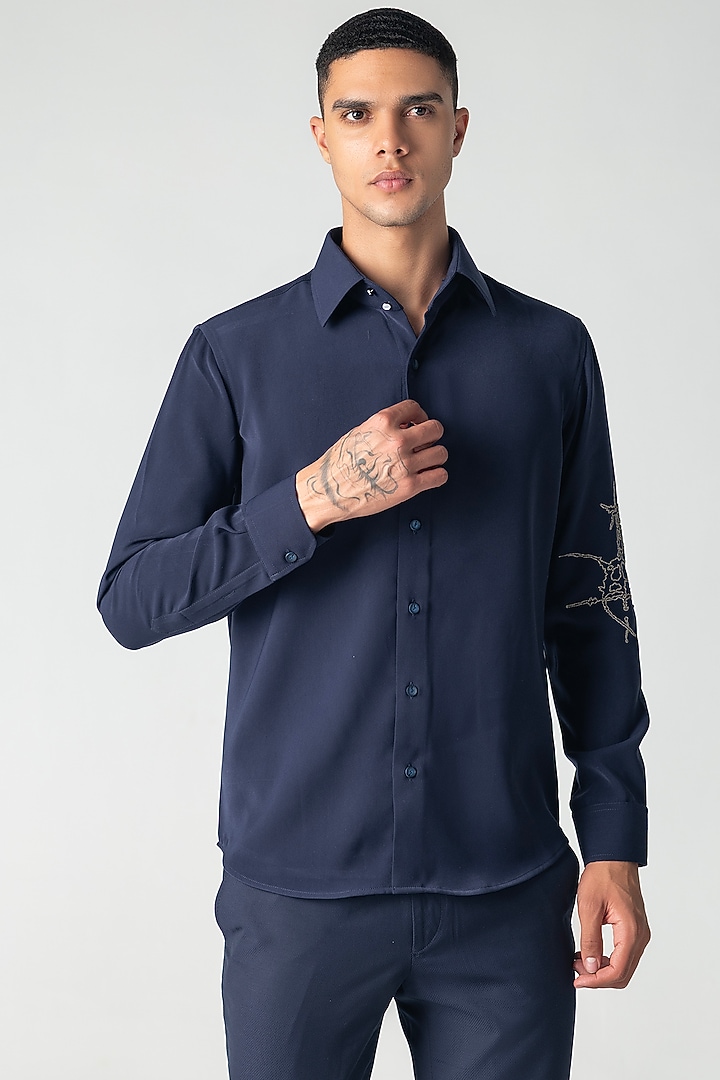 Navy Blue Polynosic Motif Hand Embroidered Party Wear Shirt by AMIT ARORA at Pernia's Pop Up Shop