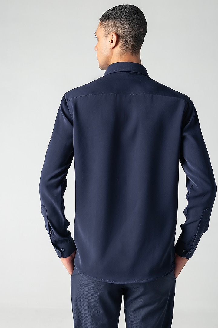 Navy Blue Polynosic Motif Hand Embroidered Party Wear Shirt by AMIT ARORA at Pernia's Pop Up Shop