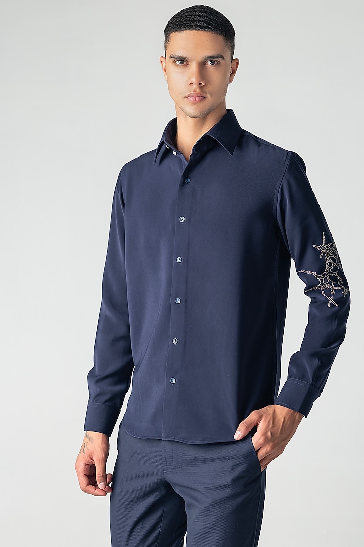 Navy Blue Polynosic Motif Hand Embroidered Party Wear Shirt by AMIT ARORA at Pernia's Pop Up Shop