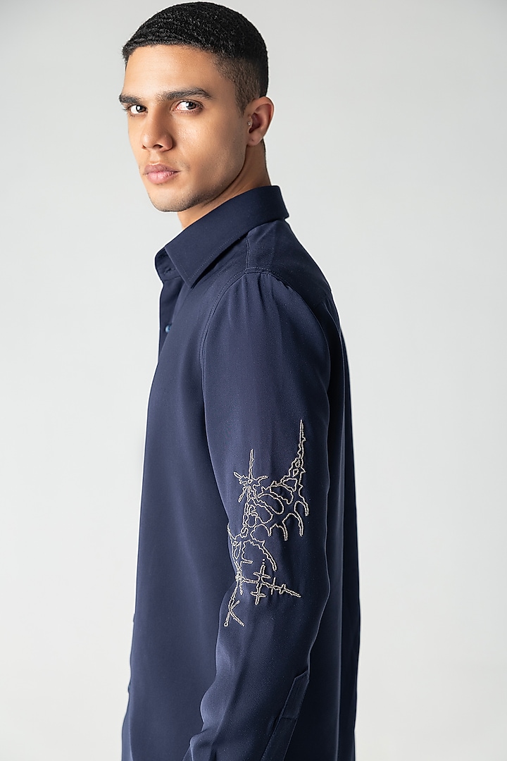 Navy Blue Polynosic Motif Hand Embroidered Party Wear Shirt by AMIT ARORA at Pernia's Pop Up Shop