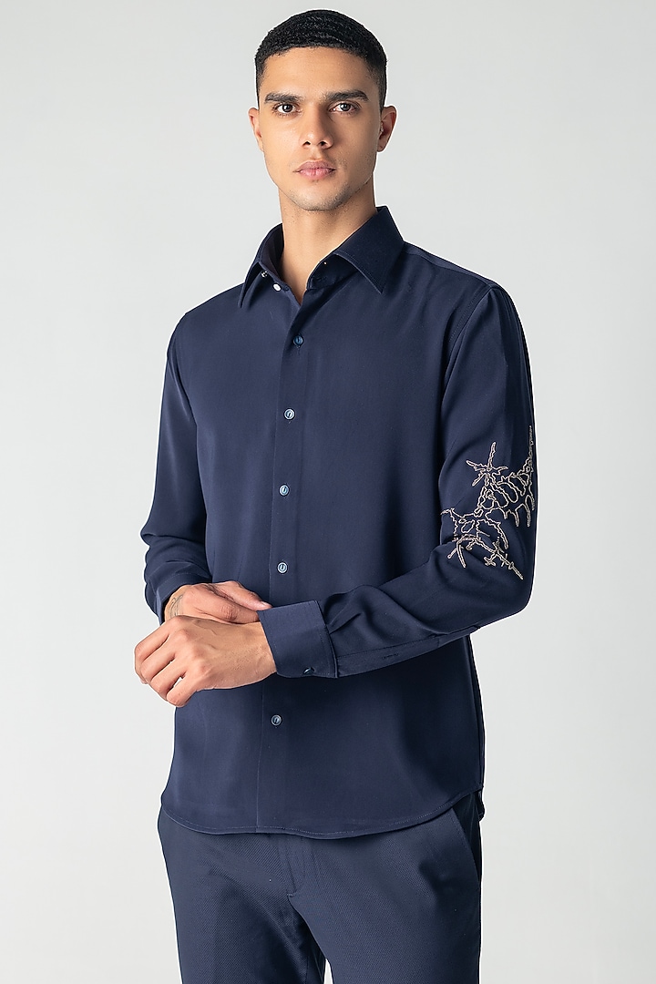 Navy Blue Polynosic Motif Hand Embroidered Party Wear Shirt by AMIT ARORA at Pernia's Pop Up Shop