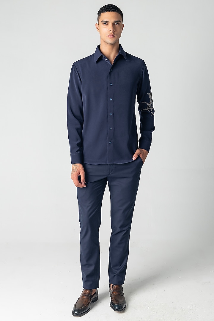 Navy Blue Polynosic Motif Hand Embroidered Party Wear Shirt by AMIT ARORA at Pernia's Pop Up Shop