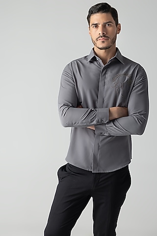 Grey Polynosic Motif Hand Embroidered Shirt by AMIT ARORA