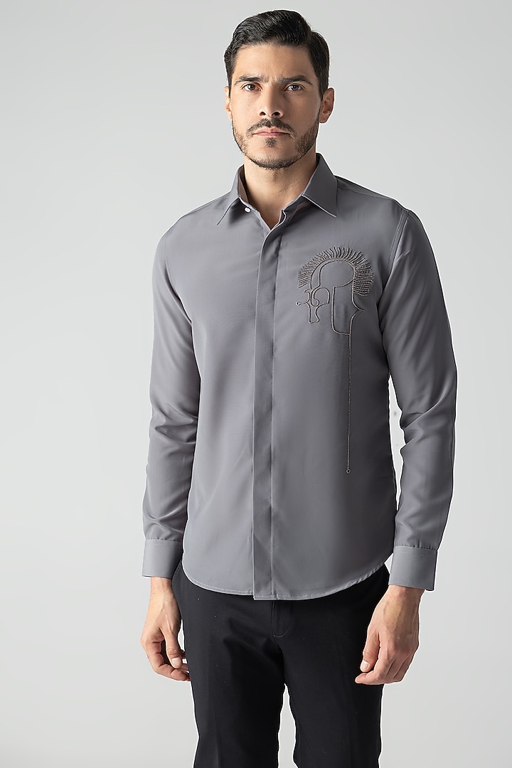 Grey Polynosic Motif Hand Embroidered Party Wear Shirt by AMIT ARORA at Pernia's Pop Up Shop
