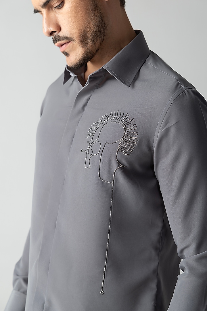 Grey Polynosic Motif Hand Embroidered Party Wear Shirt by AMIT ARORA at Pernia's Pop Up Shop