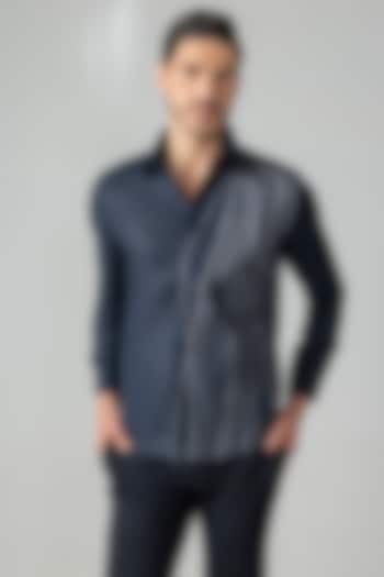 Navy Blue Linen Embroidered Party Wear Shirt by AMIT ARORA at Pernia's Pop Up Shop