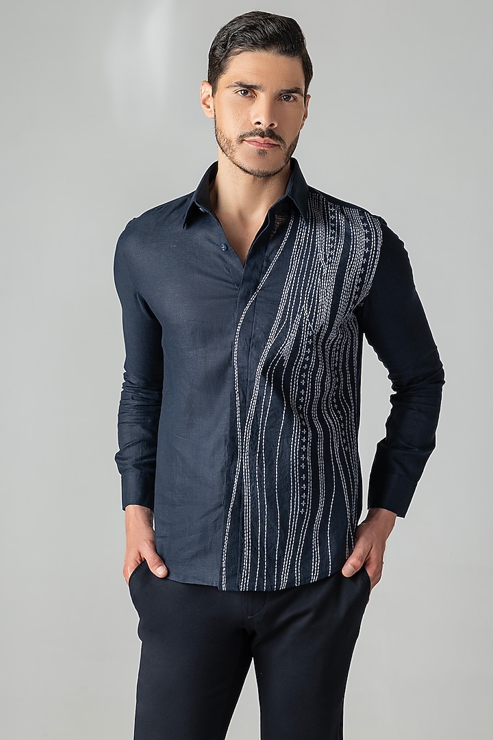 Navy Blue Linen Embroidered Party Wear Shirt by AMIT ARORA at Pernia's Pop Up Shop