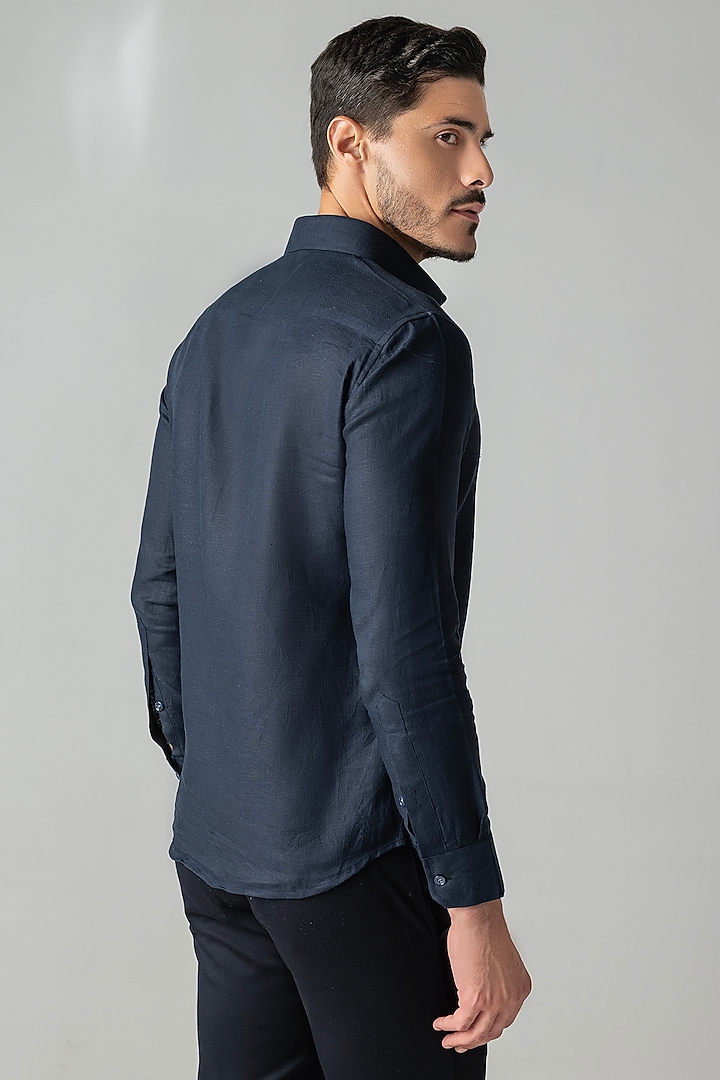 Navy Blue Linen Embroidered Party Wear Shirt by AMIT ARORA at Pernia's Pop Up Shop