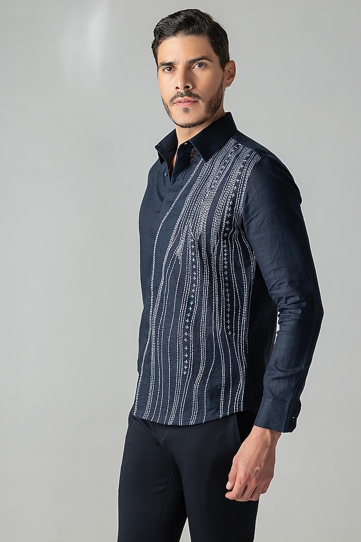 Navy Blue Linen Embroidered Party Wear Shirt by AMIT ARORA at Pernia's Pop Up Shop