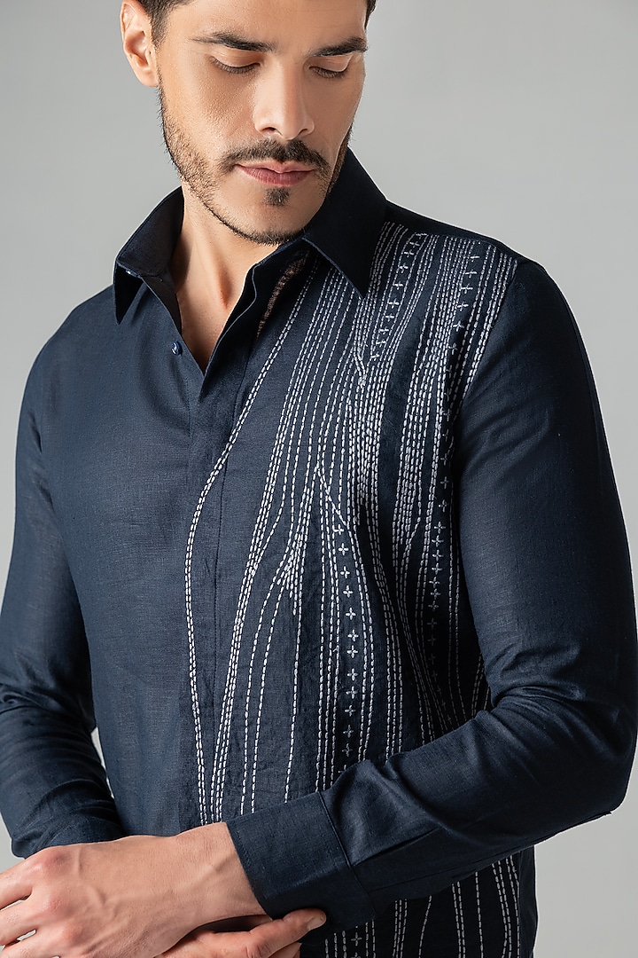 Navy Blue Linen Embroidered Party Wear Shirt by AMIT ARORA at Pernia's Pop Up Shop