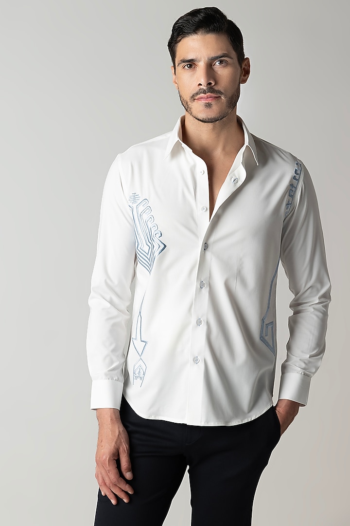 White Cotton Motif Embroidered Party Wear Shirt by AMIT ARORA at Pernia's Pop Up Shop