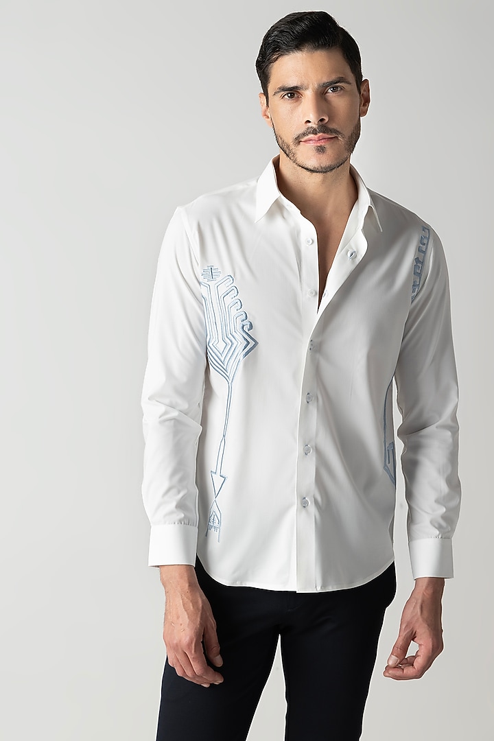White Cotton Motif Embroidered Party Wear Shirt by AMIT ARORA at Pernia's Pop Up Shop
