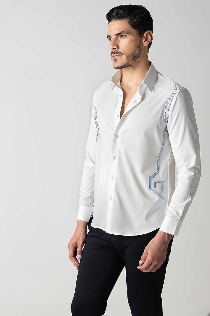 White Cotton Motif Embroidered Party Wear Shirt by AMIT ARORA at Pernia's Pop Up Shop