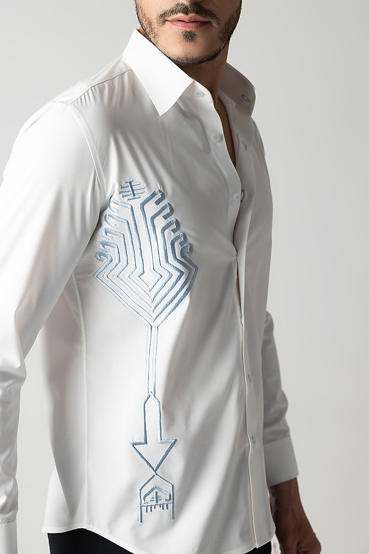 White Cotton Motif Embroidered Party Wear Shirt by AMIT ARORA at Pernia's Pop Up Shop