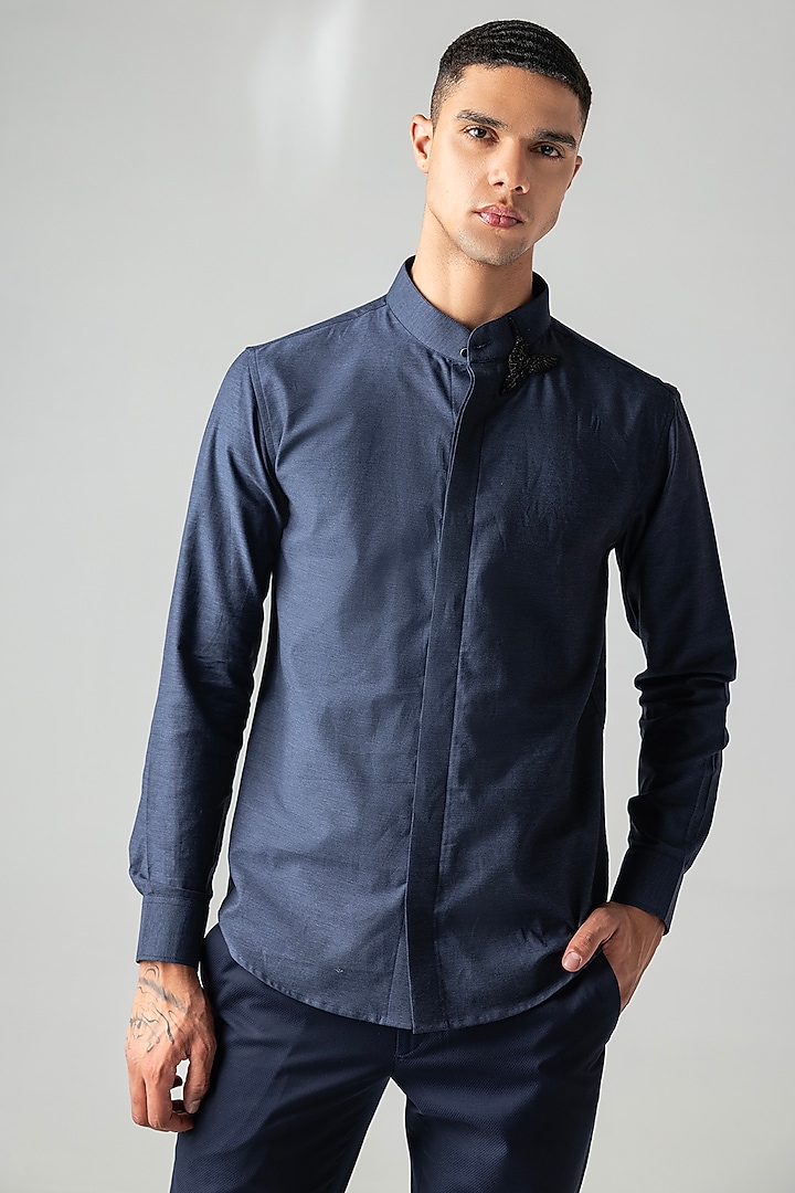 Blue Knit Motif Hand Embroidered Party Wear Shirt by AMIT ARORA at Pernia's Pop Up Shop