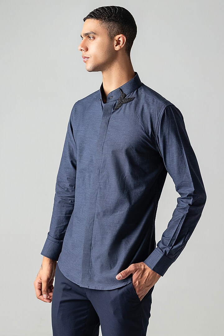 Blue Knit Motif Hand Embroidered Party Wear Shirt by AMIT ARORA at Pernia's Pop Up Shop